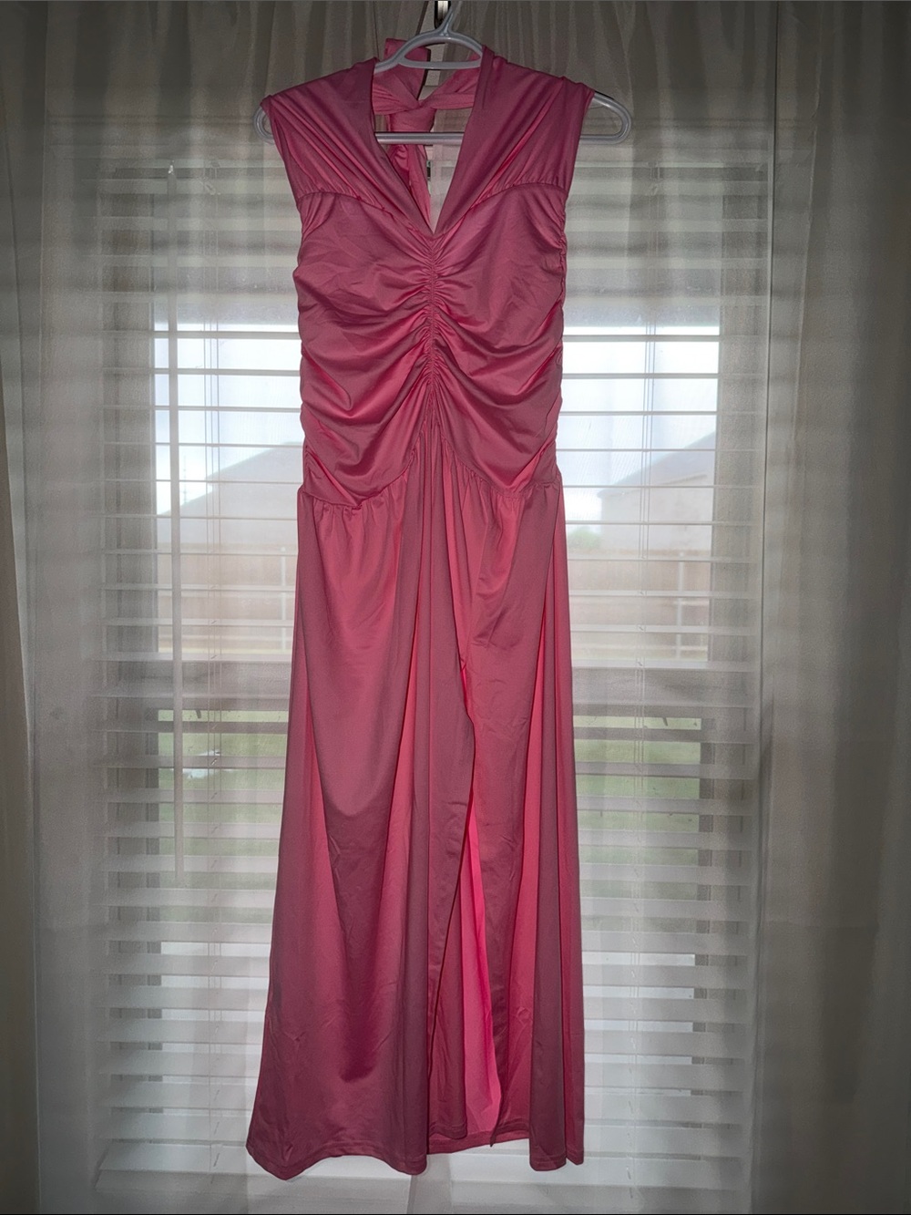 Pink Ruched V-Neck Maxi Dress